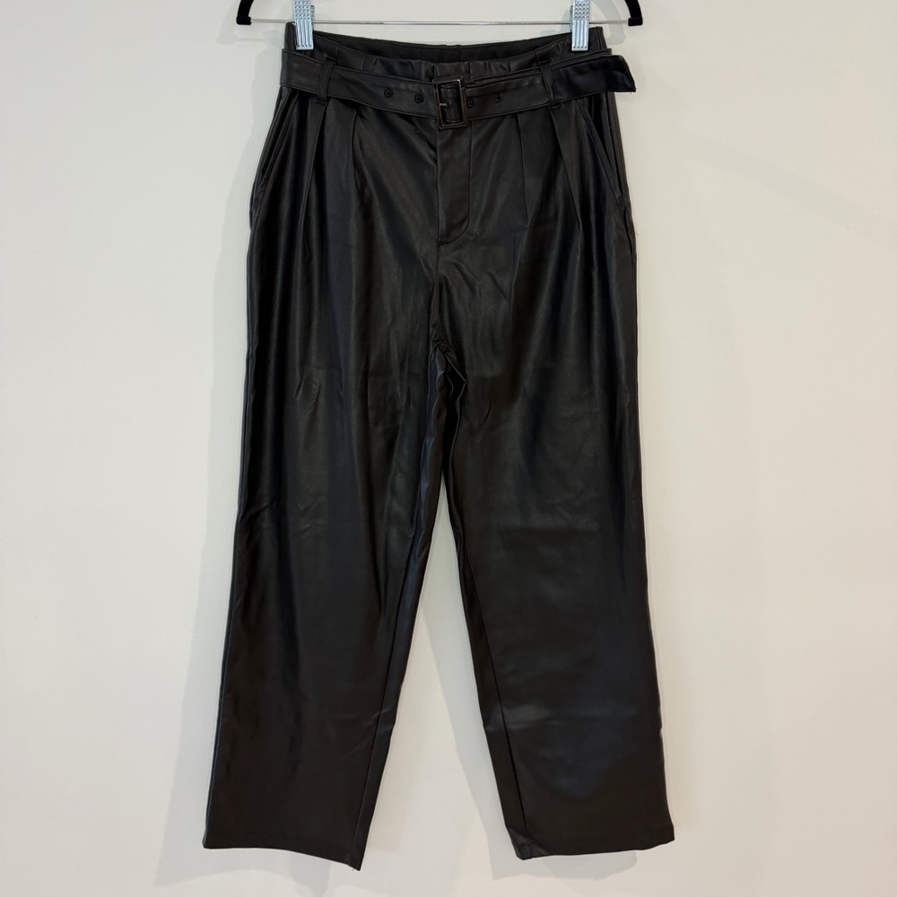 Who What Wear Black Faux Leather Belted Pleated Trousers Size 2 - Picture 3 of 7